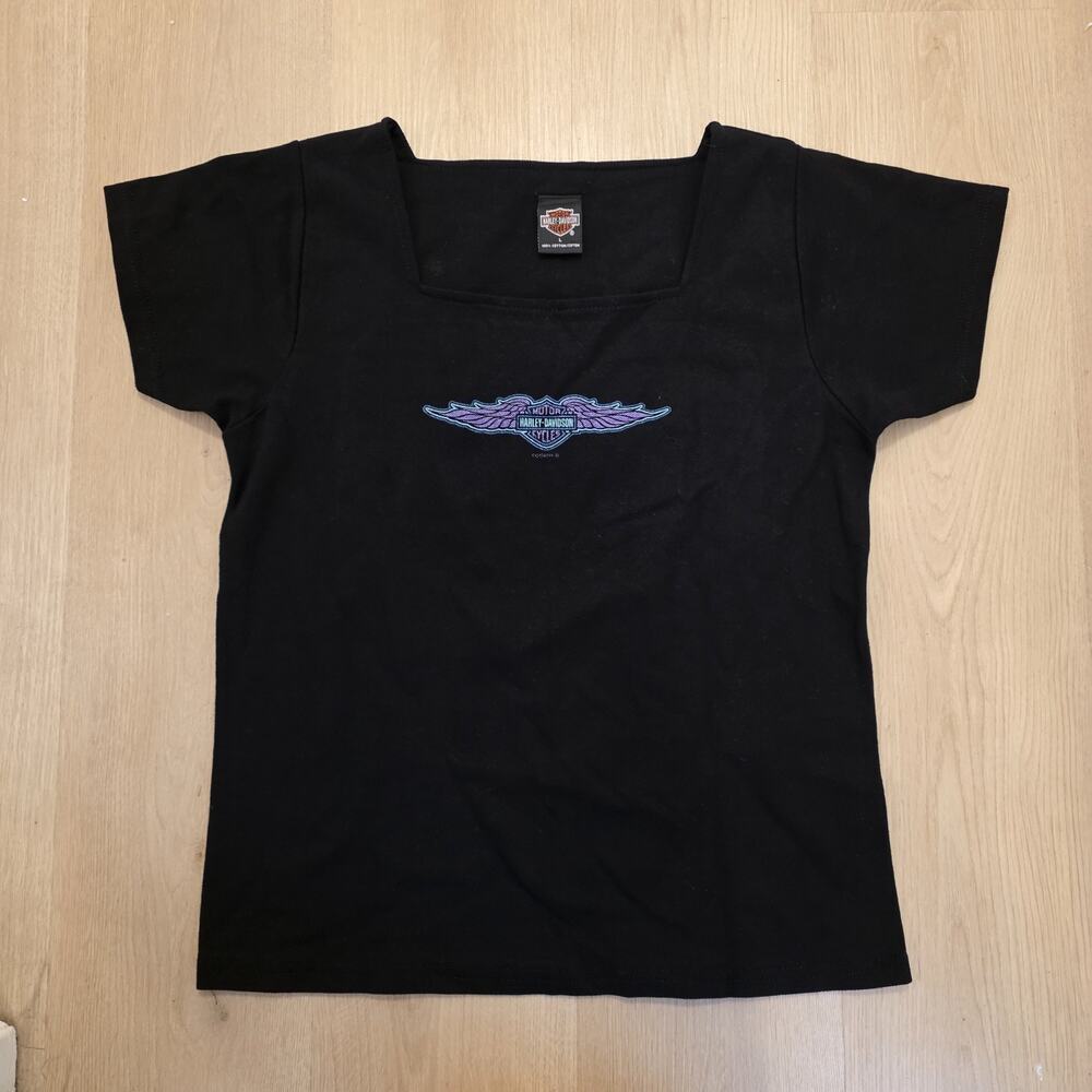 Vintage Harley Davidson Black Purple Y2K 2000s Skater Motorcycle Baby Tee Sz L‎